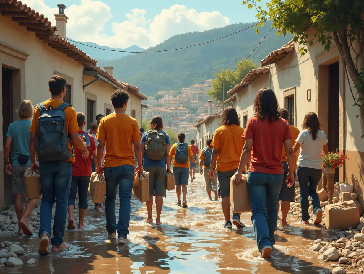 Create a poignant and inspiring scene depicting volunteers helping people in Spain after a devastating flood. The setting should be a small town affected by the floodwaters, with houses partially submerged and debris scattered around. Include a diverse group of volunteers – men and women of various ethnicities – working together to assist affected residents. Some volunteers should be handing out supplies like food, water, and clothing, while others are helping to clear debris from homes and streets. Portray the expressions of empathy and determination on their faces, as well as the gratitude and relief of the residents they are helping. The background should include a beautiful, albeit damaged, landscape of the Spanish countryside, with hints of traditional architecture. Use a warm and hopeful color palette to reflect the resilience of the community and the spirit of solidarity among the volunteers and local residents. This image should evoke feelings of compassion, community, and the strength of human connection in times of crisis.