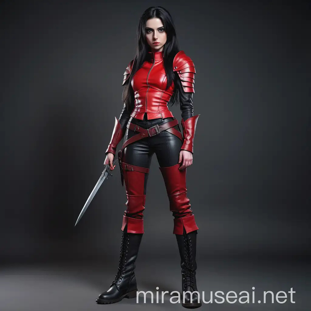 Portrait of Petite Caucasian Female Assassin in Red Leather Armor