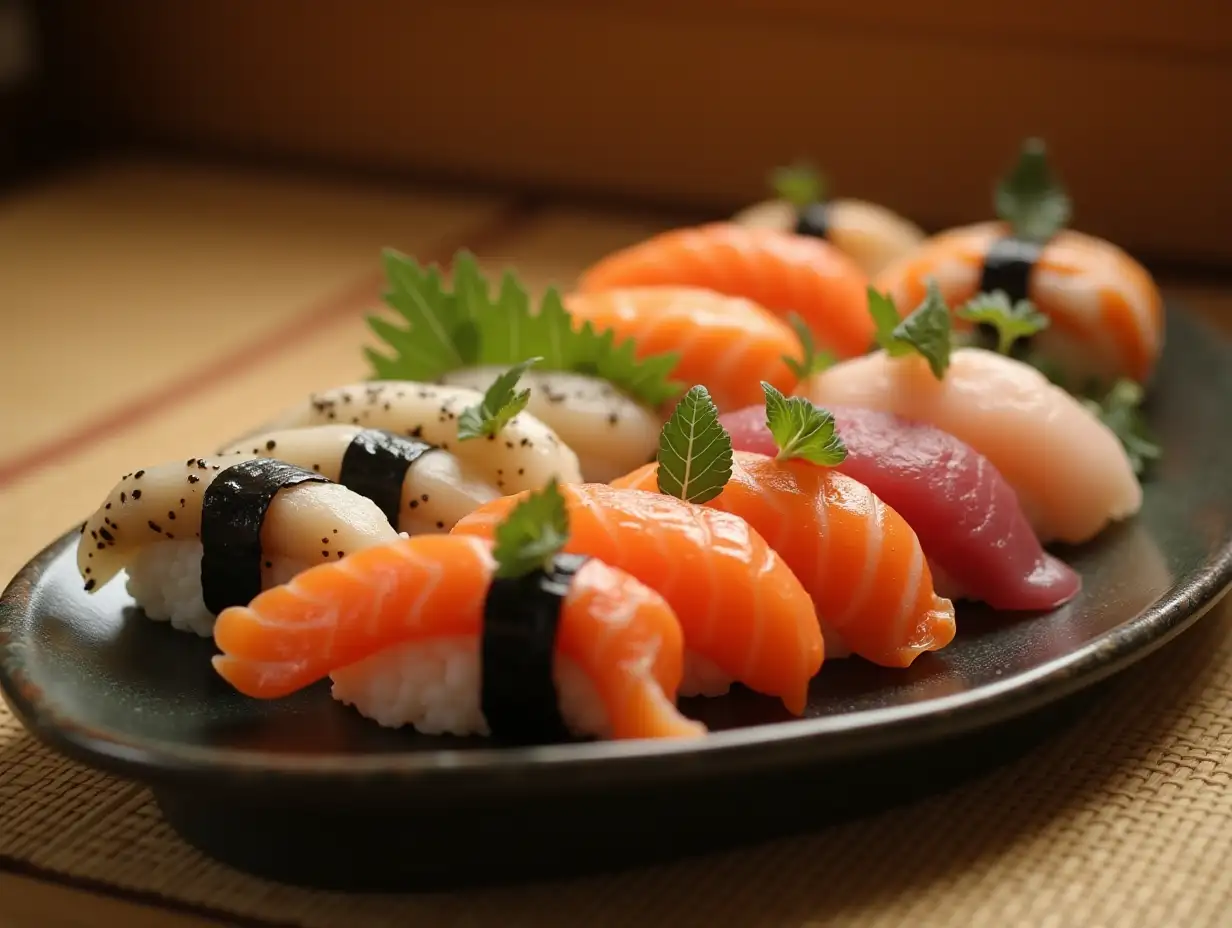 Depict a neatly arranged sushi plate on a traditional tatami mat, with various types of sushi such as nigiri, maki, and sashimi, garnished with shiso leaves and slices of pickled ginger. Soft lighting with a wooden Japanese-style background.