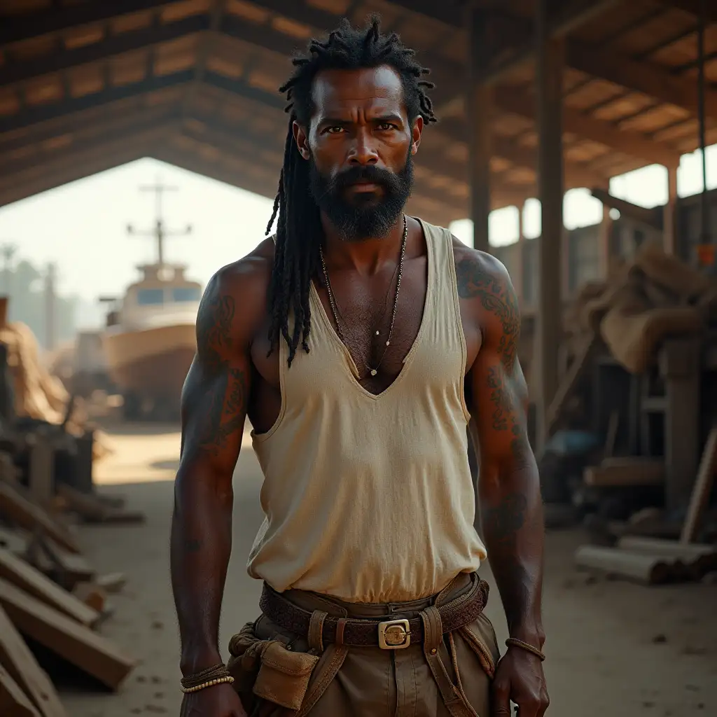 A realistic 4K portrait of a burly, dark-skinned ship's carpenter in a busy shipyard. He is tall and muscular, his arms are adorned with tattoos that tell stories of his life and work at sea. His hair is braided into a thick Rastafarian braid that reaches his shoulder and shines lightly in the daylight. He wears the typical clothing of a carpenter: a simple sleeveless linen shirt that leaves his muscular, tattooed arms free, as well as sturdy, worn-out pants with a leather belt on which various tools such as hammer, chisel and nails are hung. His clothes are covered in wood chips and tar, reflecting his daily work in the shipyard. In the background there are piles of wood, heavy machinery and a half-finished ship that he is working on. Sunlight penetrates through the open roof of the shipyard and illuminates the scene with warm light, emphasizing the wooden structure and harsh work environment. His determined, experienced gaze shows a man who excels in his craft - an indispensable craftsman with the strength and knowledge to equip ships for the rough sea.