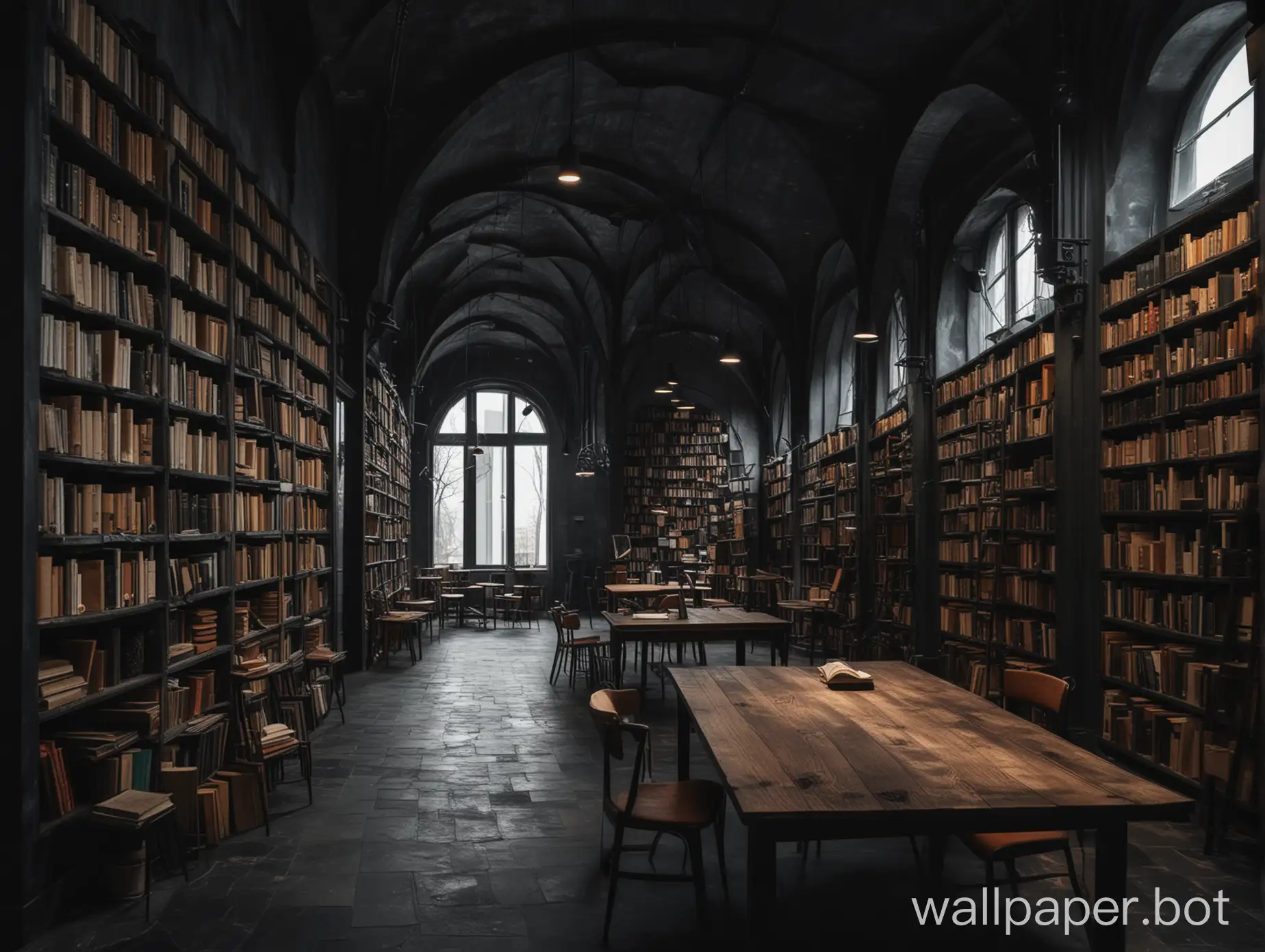 dark theme of a beautiful artistic building place,, buidling to the right  , with books and tables and laptop