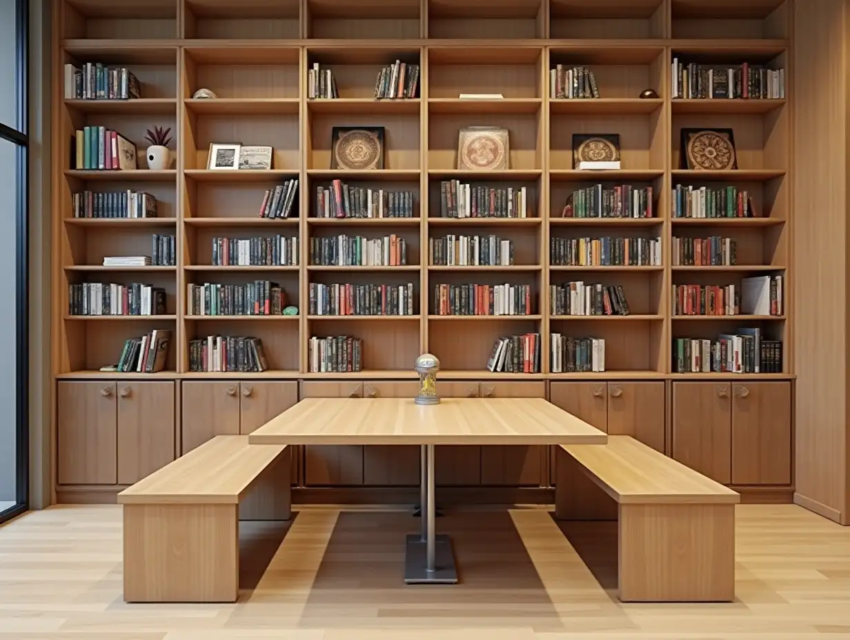 Symmetrical-Interior-Design-of-a-Relaxation-and-Learning-Area-with-Wooden-Furniture-and-Bookshelves