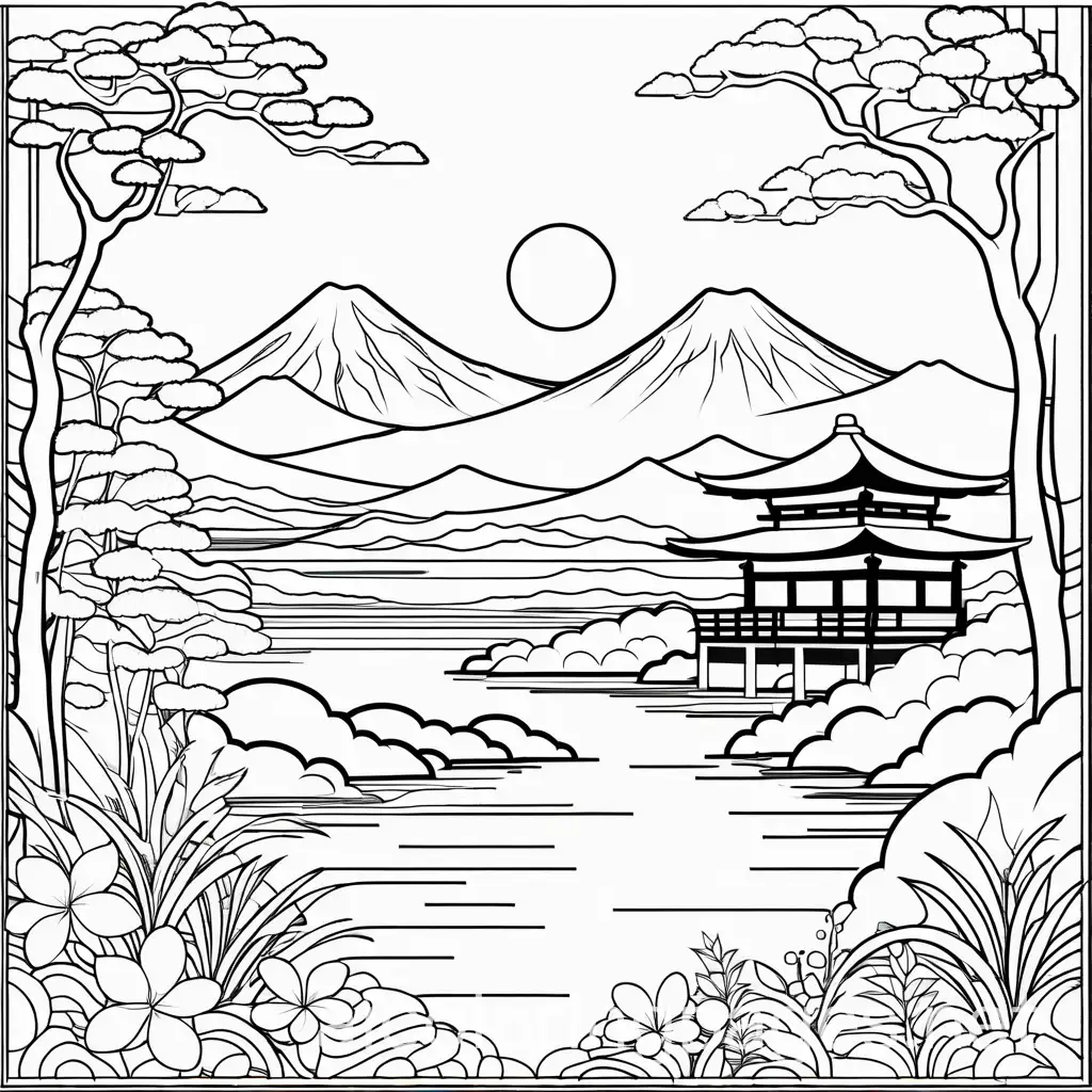 bold and easy japanese coloring page, Coloring Page, black and white, line art, white background, Simplicity, Ample White Space. The background of the coloring page is plain white to make it easy for young children to color within the lines. The outlines of all the subjects are easy to distinguish, making it simple for kids to color without too much difficulty