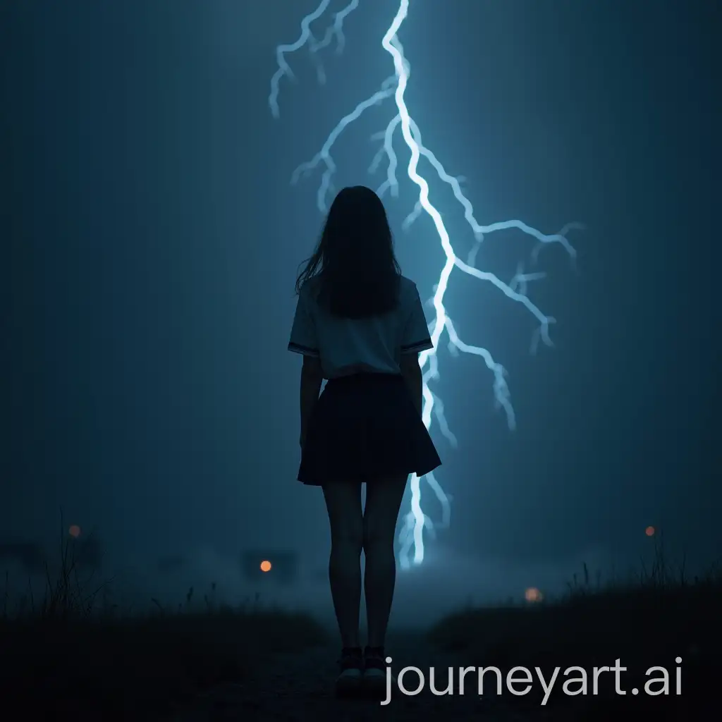 Teenage-Girl-in-School-Uniform-Standing-Alone-in-Thunderstorm-with-Lightning