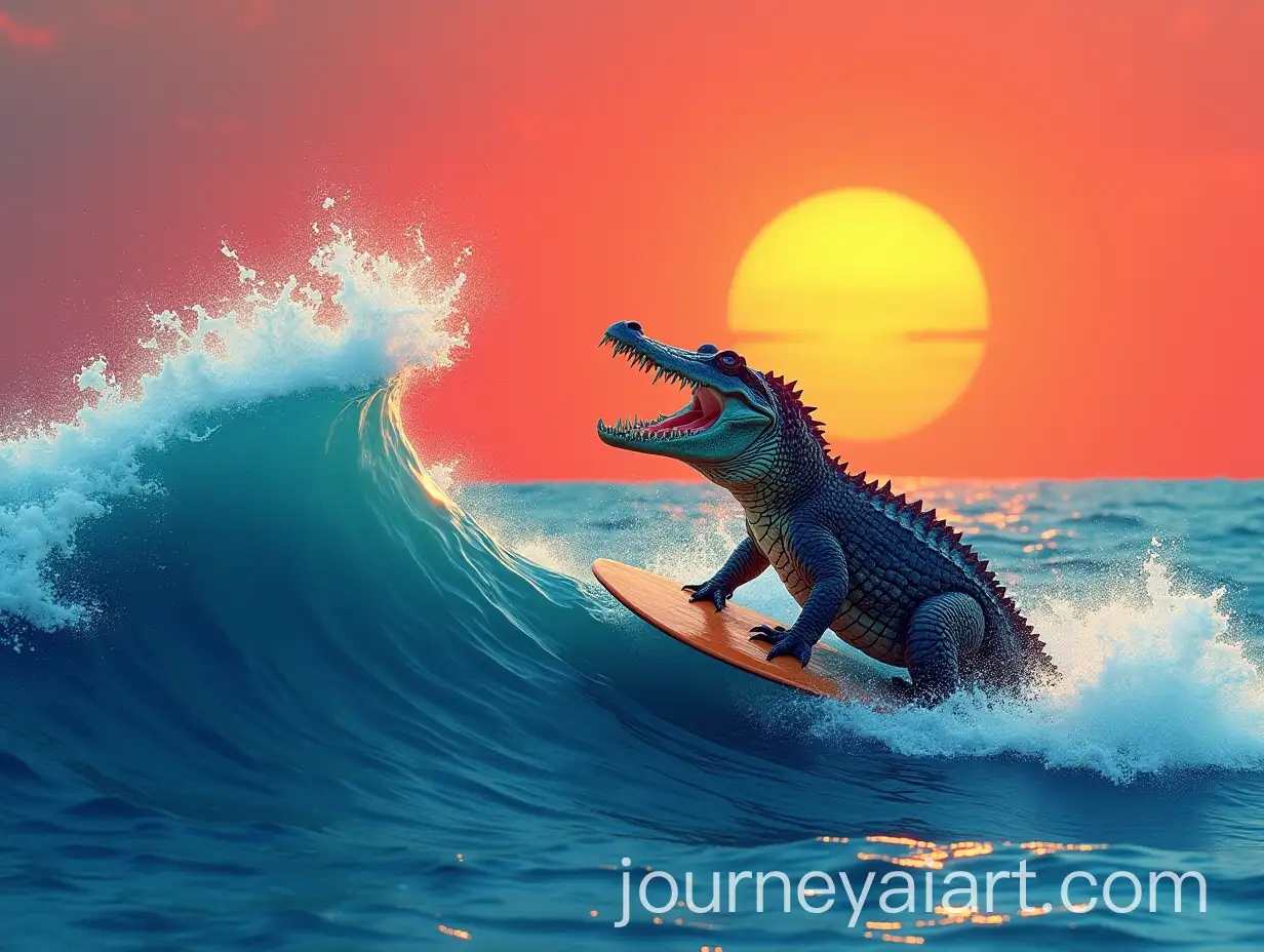 Crocodile-Surfing-on-Blue-Ocean-with-Nervous-Waves-and-Red-Sunset