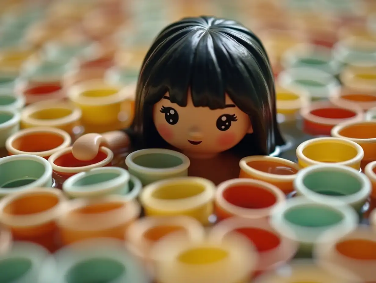 A Playmobil set of a girl with straight black hair, submerged among thousands of cups