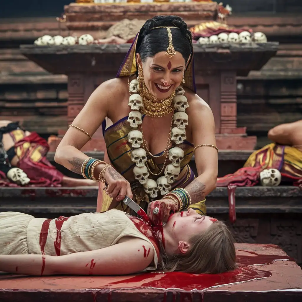 Sacrifice to the goddess Kali. Indian temple. The priestess,  mature, very beautiful Indian woman with an evil smile, dressed only in gold jewelry and a garland of human skulls, deep neckline, cuts the throat of a European girl lying on the altar and allows the blood to flow freely onto the altar. The bodies of previous victims are scattered around., photo, cinematic, 4k