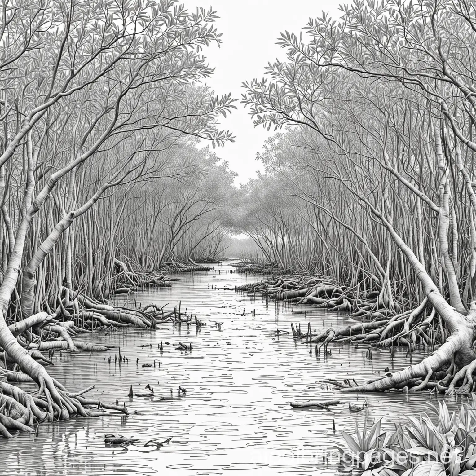 MANGROVES AND MUDDY RIVER BANKS, Coloring Page, black and white, line art, white background, Simplicity, Ample White Space. The background of the coloring page is plain white to make it easy for young children to color within the lines. The outlines of all the subjects are easy to distinguish, making it simple for kids to color without too much difficulty