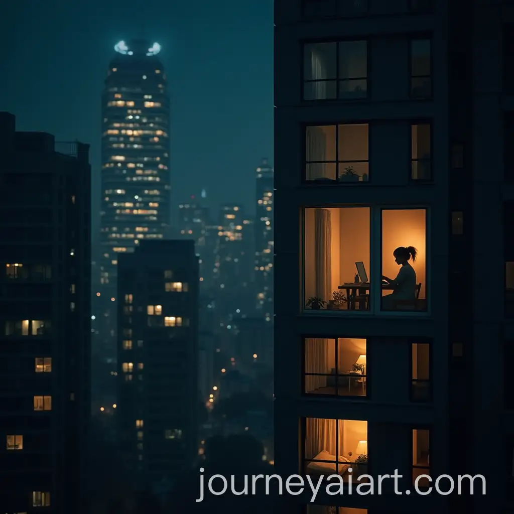 Woman-Working-Late-in-a-Modern-Cityscape-with-Illuminated-Buildings