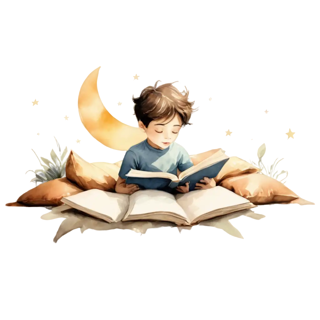 Whimsical-Young-Boy-Reading-Outdoors-PNG-Illustration-for-Tranquil-Dreamy-Scenes