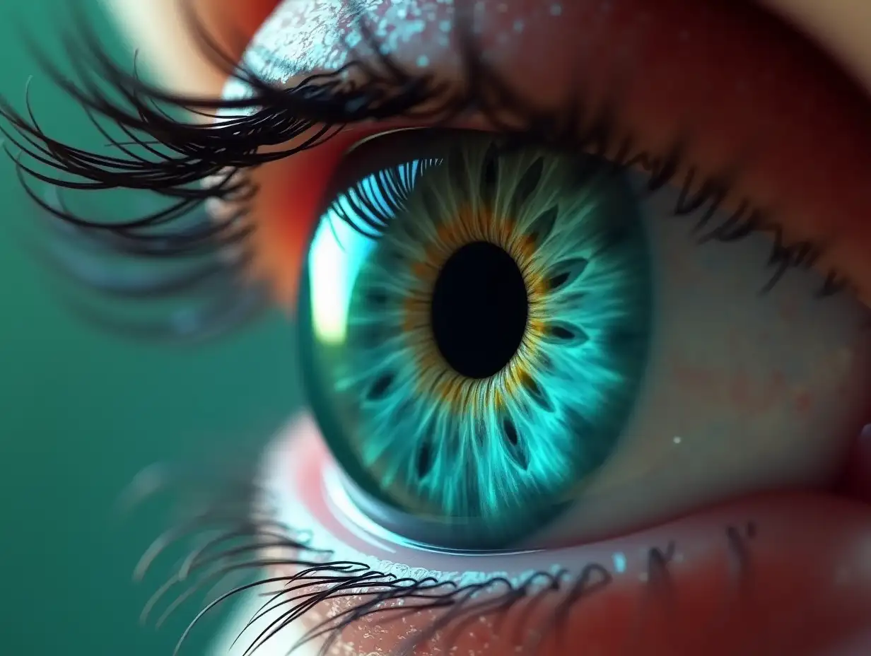 an eyeball in 4D rendering perfect iris green color in hyperspectral tones in 8K