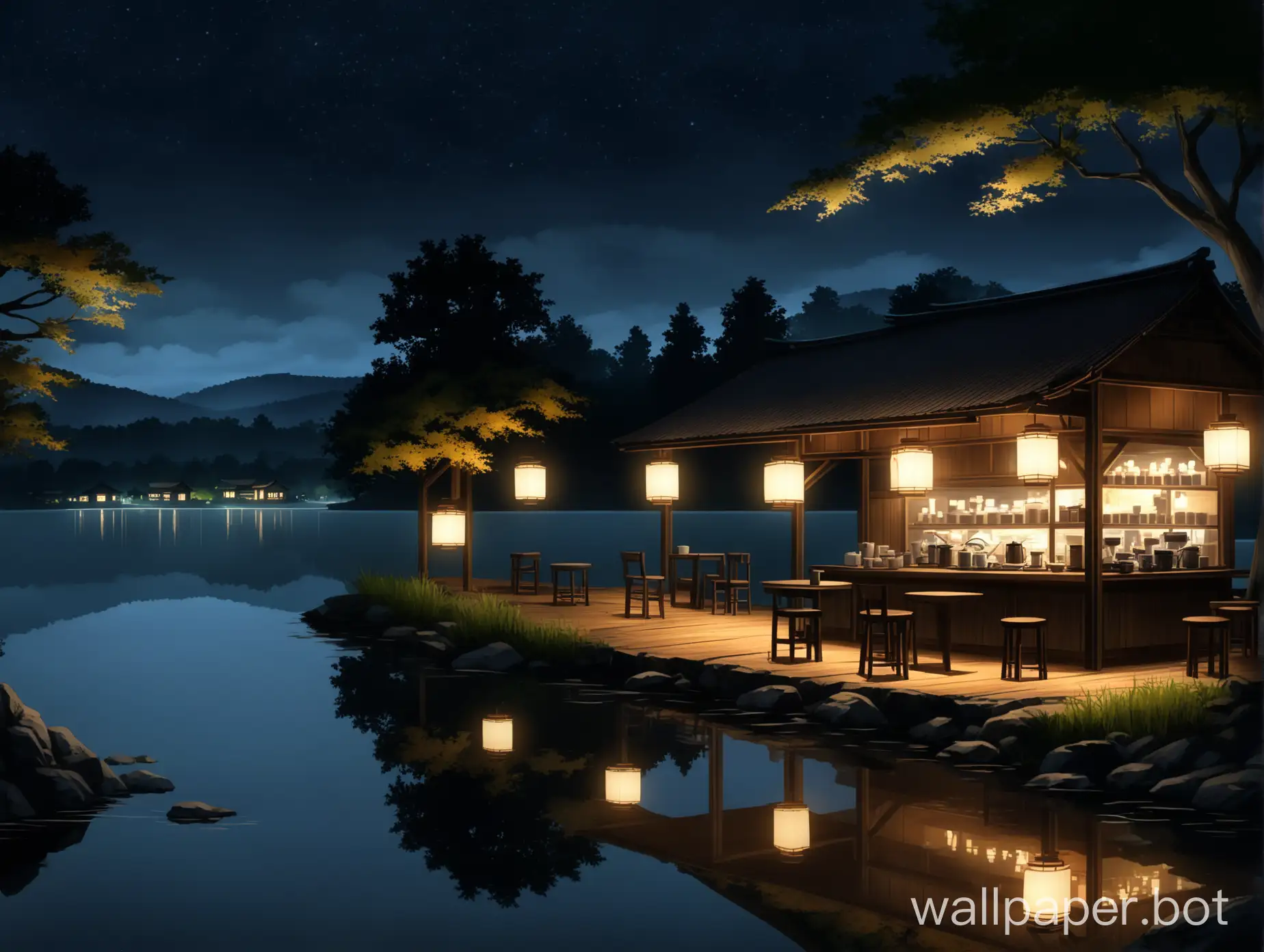 Nighttime-Coffee-Shop-by-the-Lake-with-Warm-Illumination-and-Japanesestyle-Silhouettes