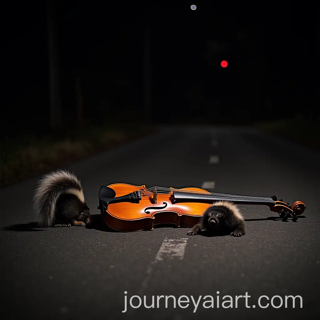 Smashed-Viola-and-Dead-Skunk-on-Road-with-People-Reacting-at-Night