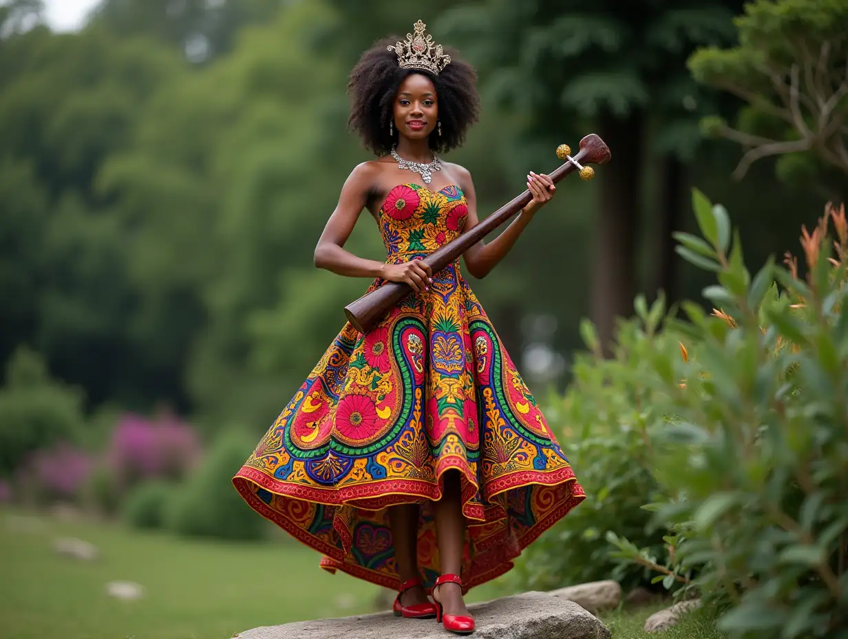 An African princess with a beautiful colorful dress, jewel crown, painting nails, red shoes, standing on a rock in the garden with an instrument in her hand 4K resolution, vibrant colors