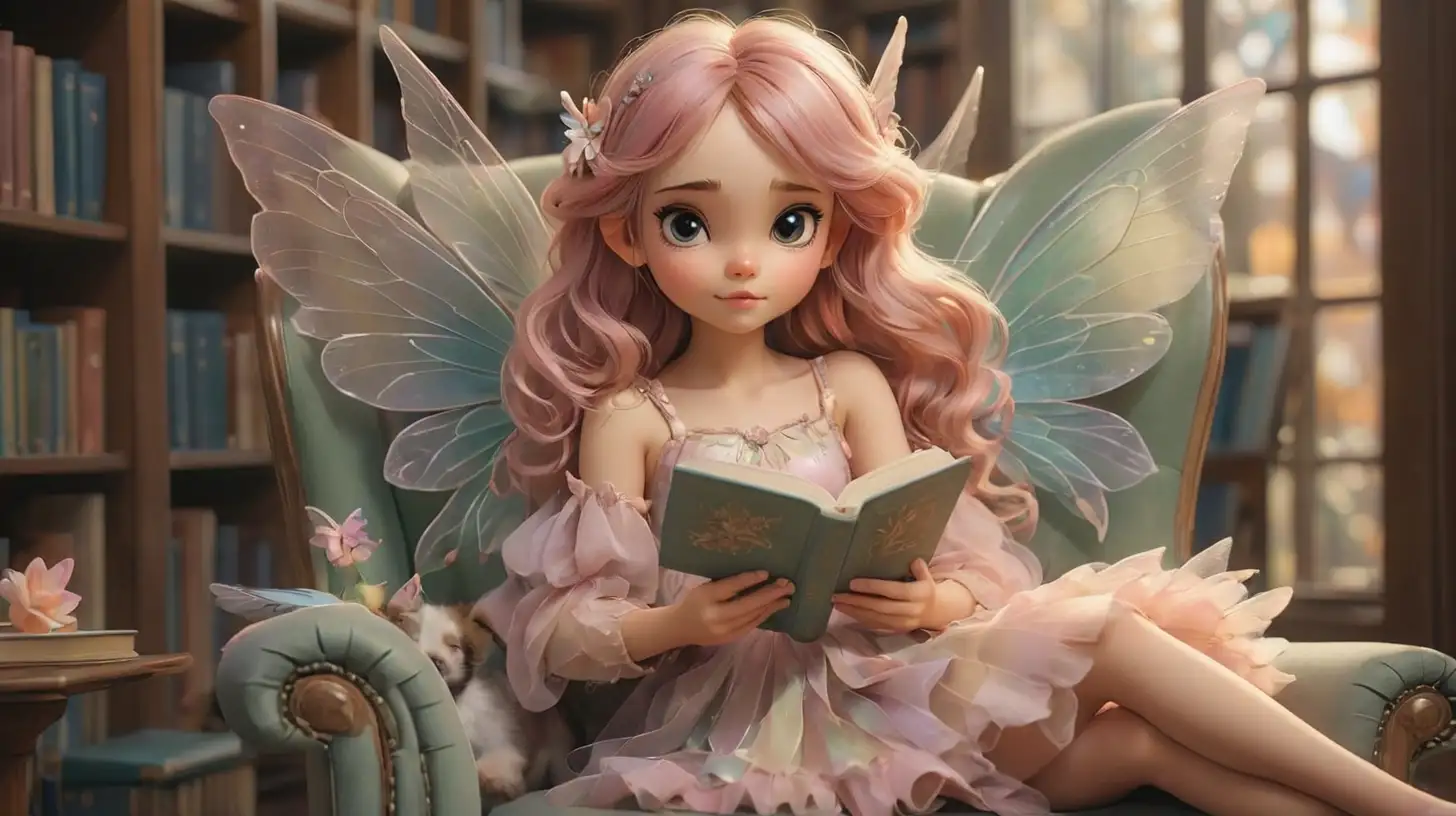 Fairy Reading in Pastel Library with Dog Companion