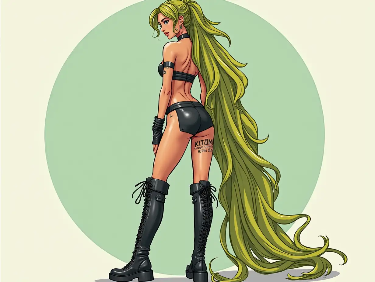 Depiction of a beautiful white woman with -tattoo, long mixed green-yellow braided hair in a futuristic style and laced boots.