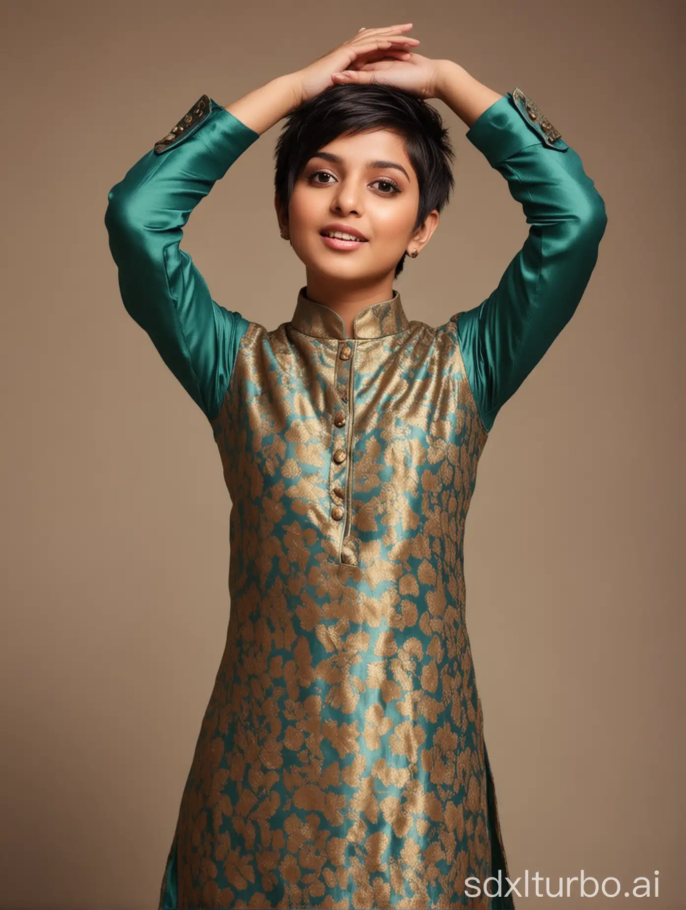 Very short Pixie hair shorthair tomboy haircut wearing satin salwar kameez standing rising arms behind head