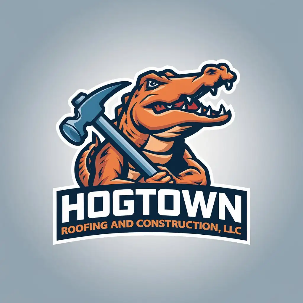 LOGO-Design-for-Hogtown-Roofing-and-Construction-Alligator-with-Roofing-Hammer-in-Orange-and-Blue