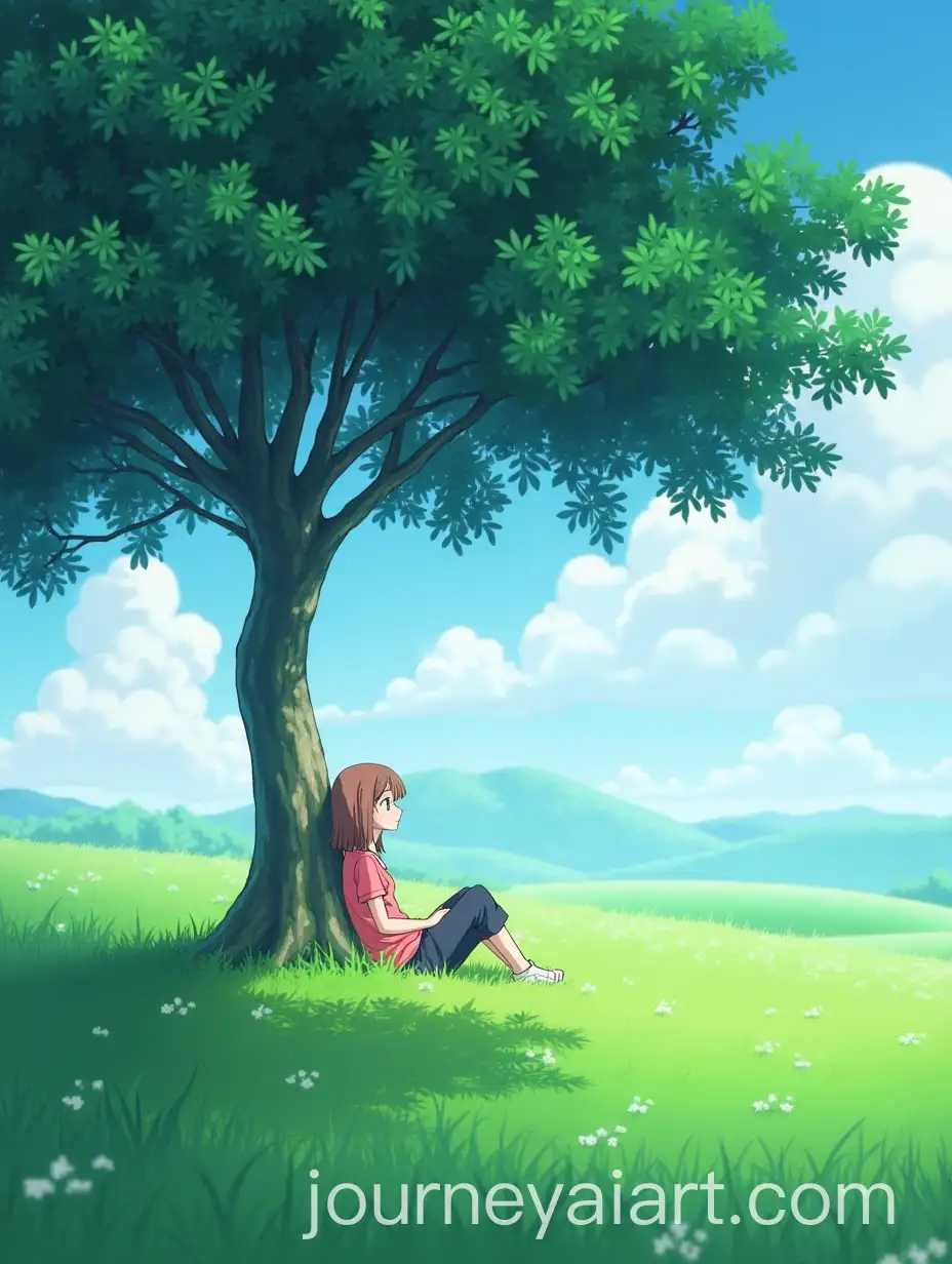 Anime-Woman-Relaxing-Under-a-Tree-in-a-Serene-Field