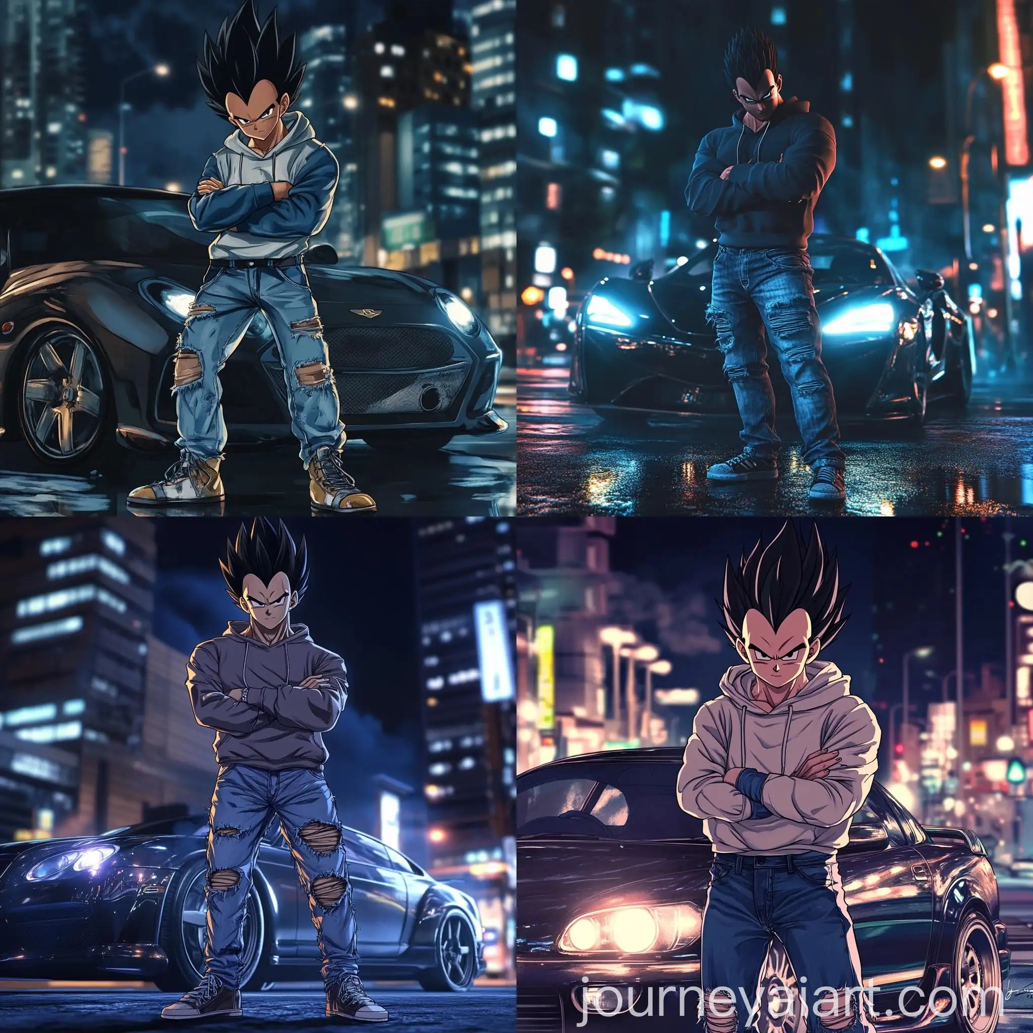 Urban-Night-Scene-Vegeta-in-Trendy-Hoodie-Leaning-on-Luxury-Car