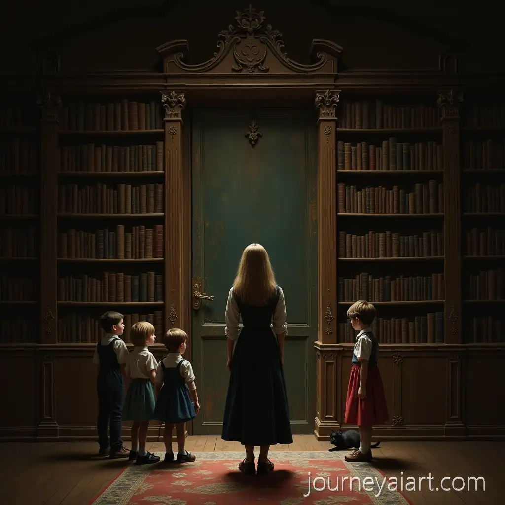 Teacher-pupils-antique-bookcaseFemale-Teacher-and-Students-in-Front-of-Antique-Bookcase-with-Black-Cat-and-Ancient-Door