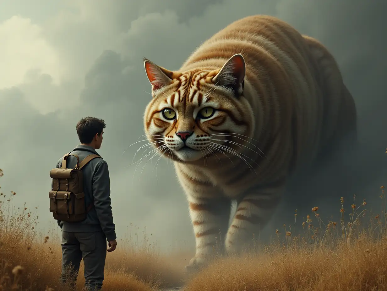 A man facing a giant cat