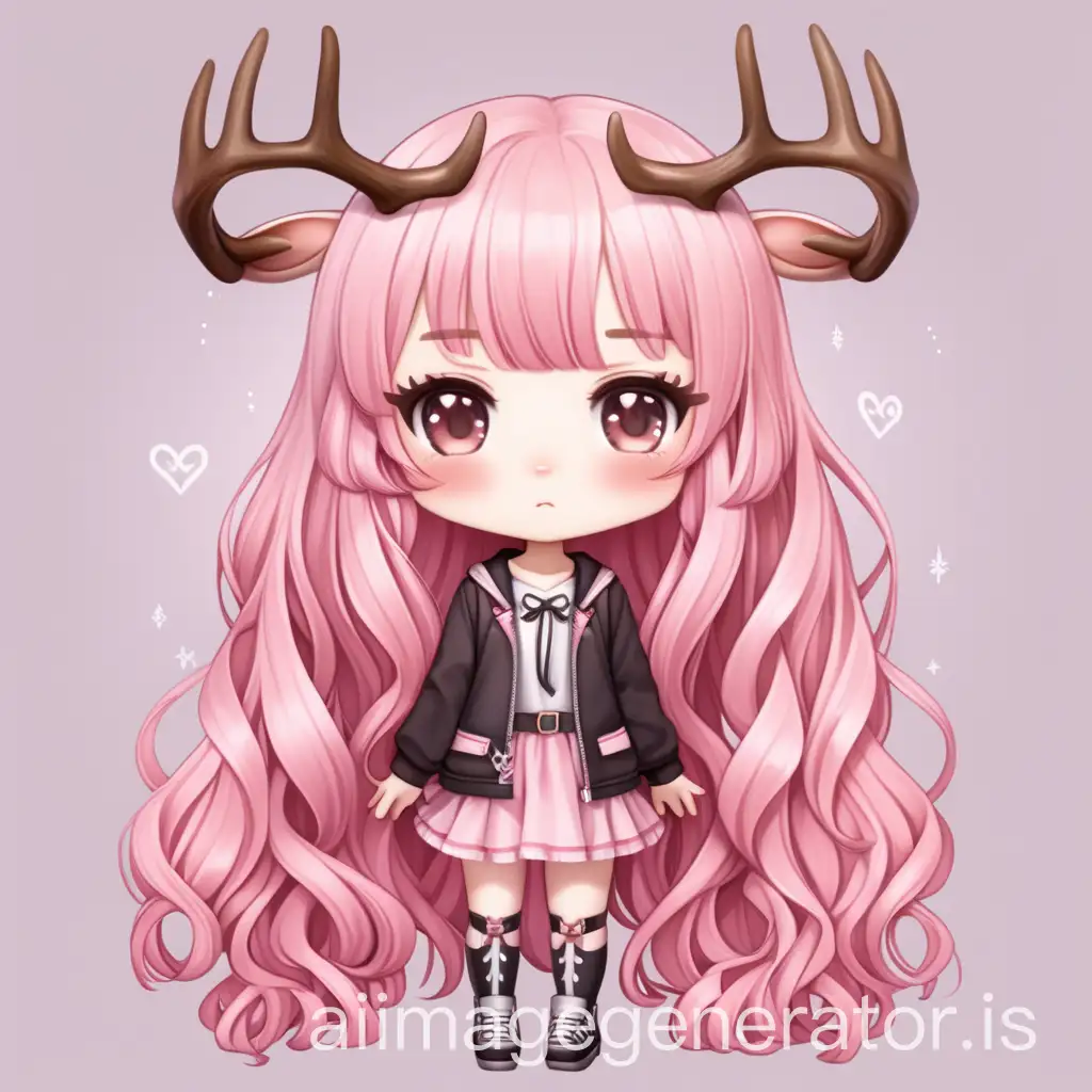 create a chibi girl with long curly pink hair and a pair of deer antlers