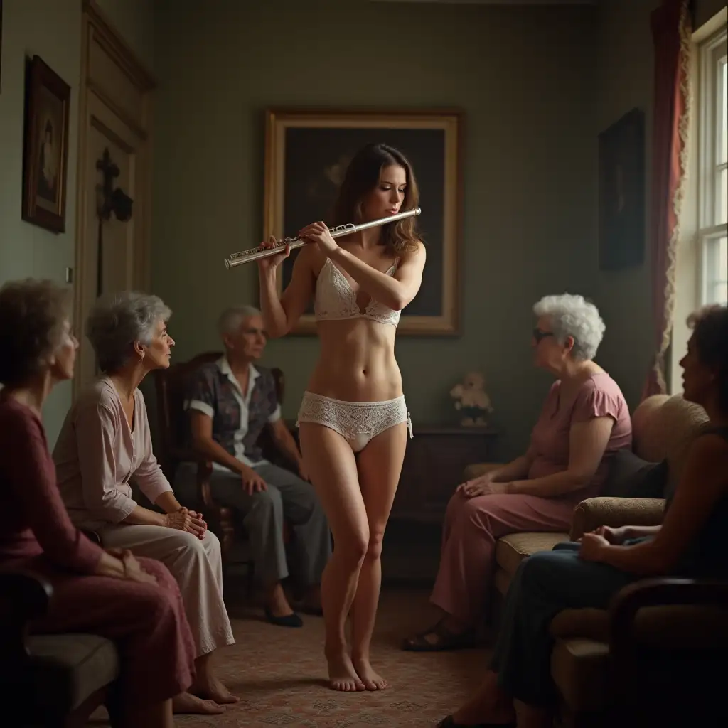 super realistic photo, high quality photo, young girl in white lace bikini lingerie stand and play flute in big room with decorated walls, different age women around her, old women sit around on chairs and sofa listening music; home concert, light on girl; women dressed up in casual clothes, one women is younger than others and looking like the mother of the girl with flute, dark light