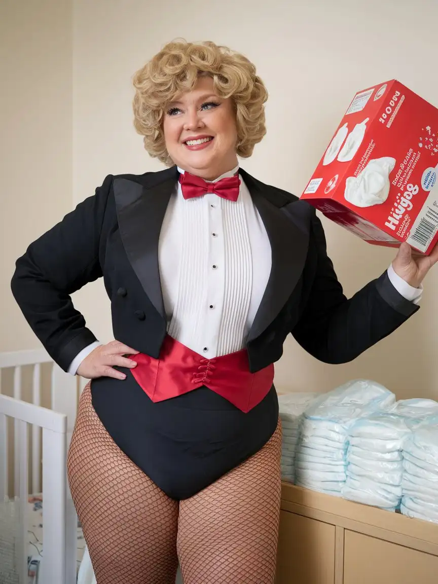 Smiling-MiddleAged-Woman-in-Formal-Tuxedo-Holding-Huggies-in-Nursery