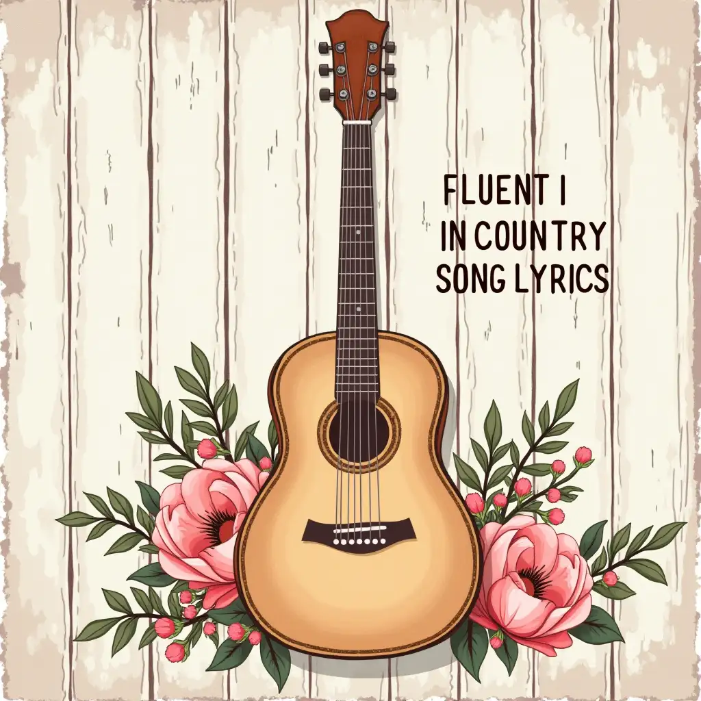 Vector illustration. Create an image featuring a vintage acoustic guitar surrounded by pastel-colored flowers on a rustic wooden background, with a detailed image style. Rustic wooden flowers background. The guitar has the text 'FLUENT IN COUNTRY SONG LYRICS' in bold, right it. Watercolor style.