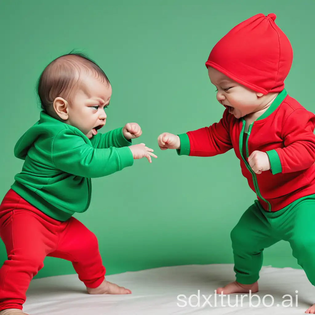 2 babies in red and green clothes are fighting