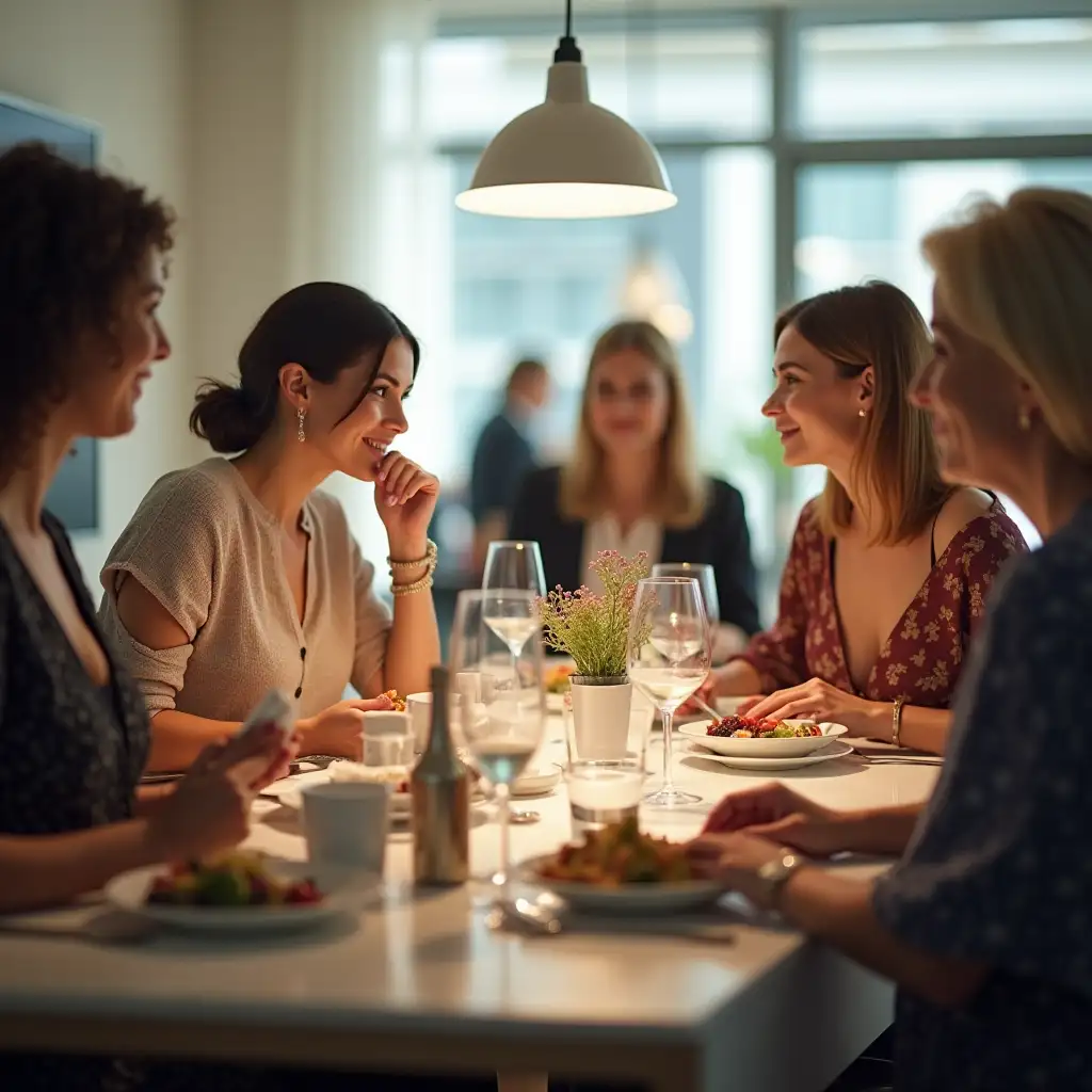 A vivid, hyperrealistic portrayal of white-raced women aged 35-44 and 50-54 enjoying an elegant lunch in a bright, modern office space...