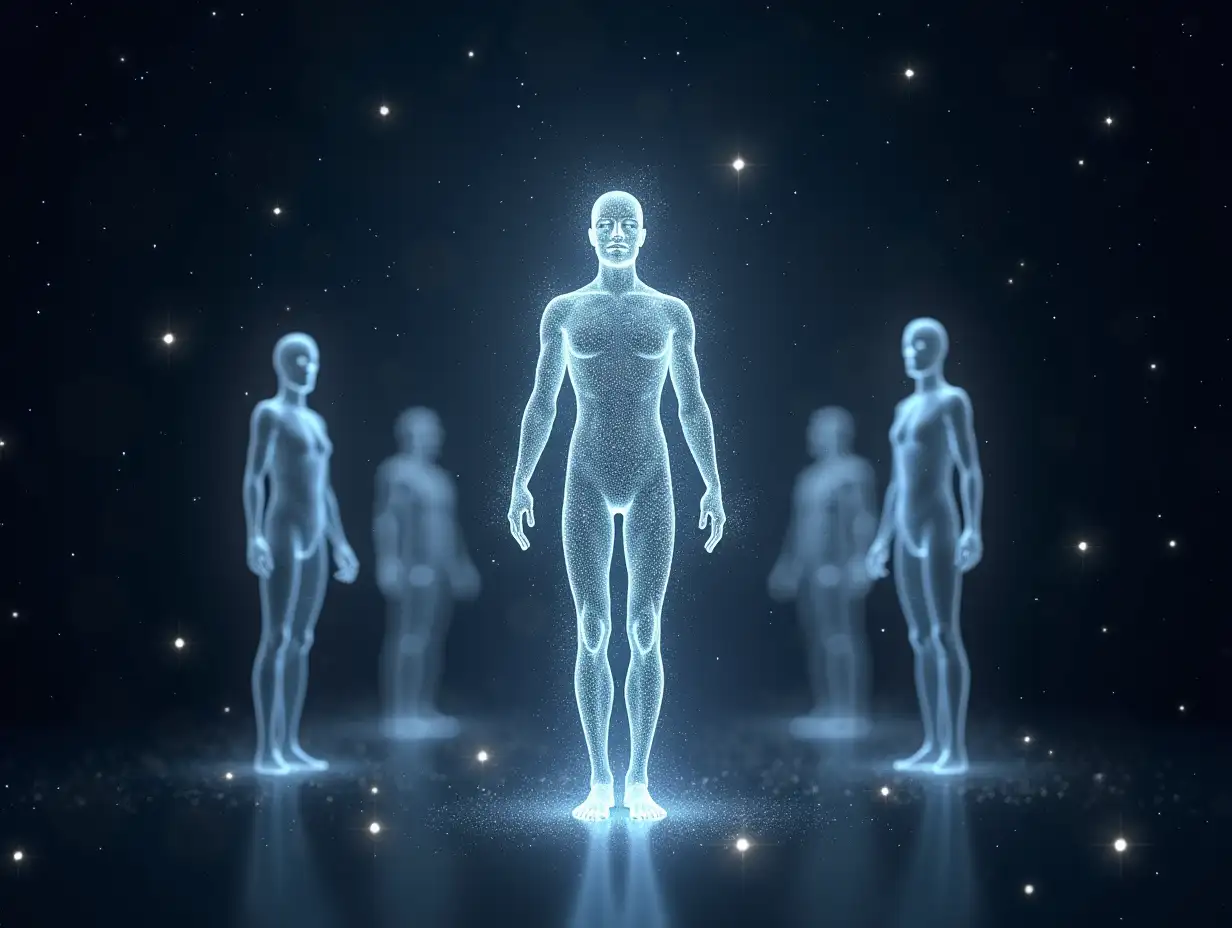 Transparent human figure outlines, scattered with universe and starlight all around