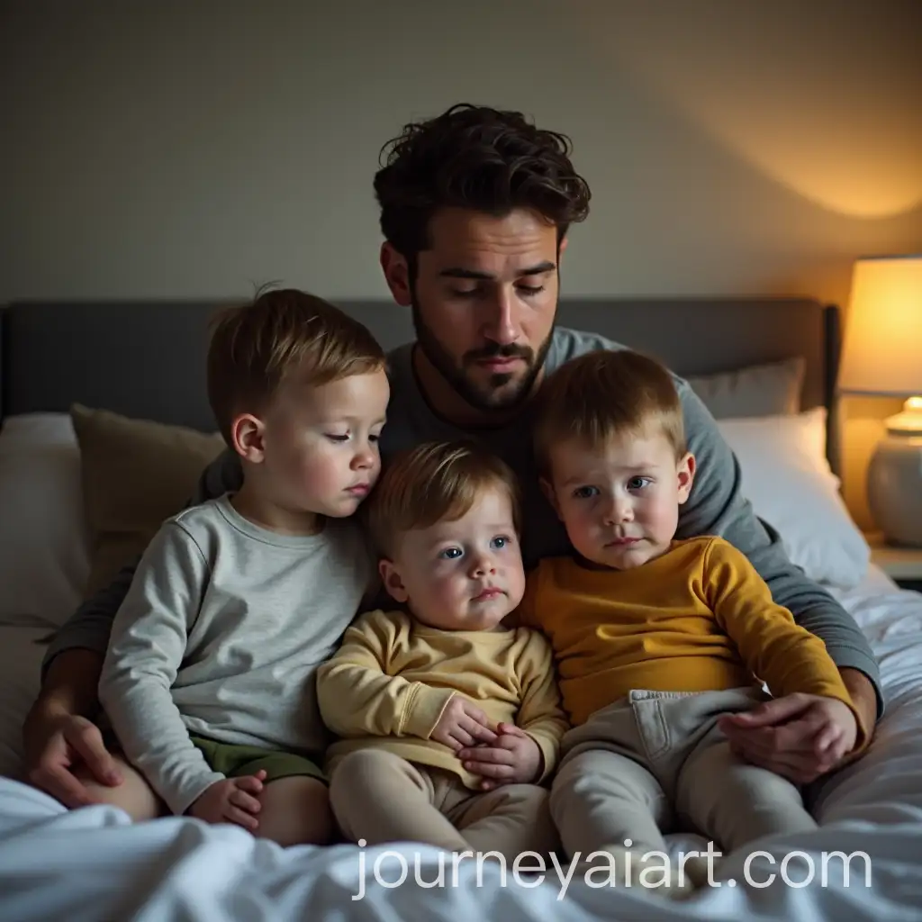 Father-and-Three-Children-Sitting-on-Bed-Looking-Sad