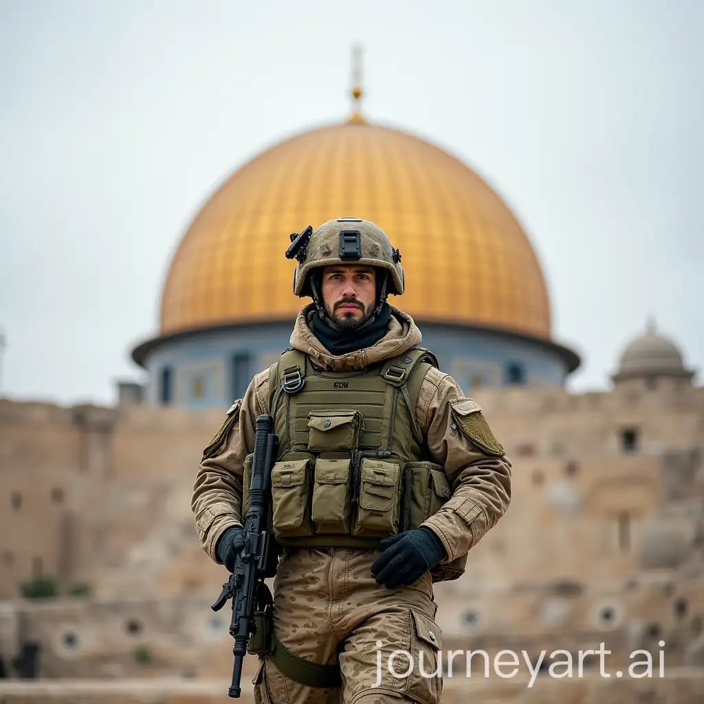 Soldier-in-Camouflage-Suit-Sitting-in-Front-of-Dome-of-the-Rock-in-Palestine