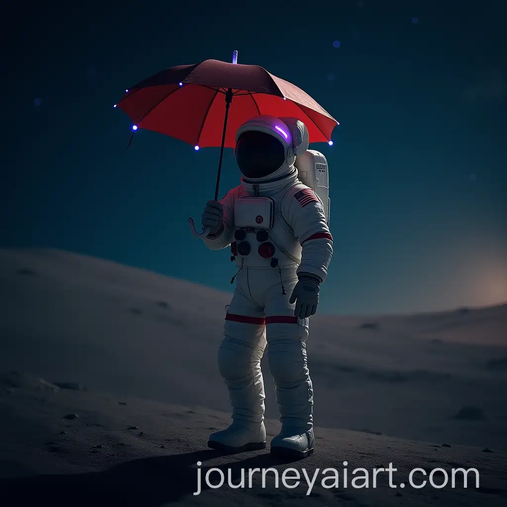 Astronaut-with-Umbrella-Shield-on-Foreign-Planet-under-Starlight