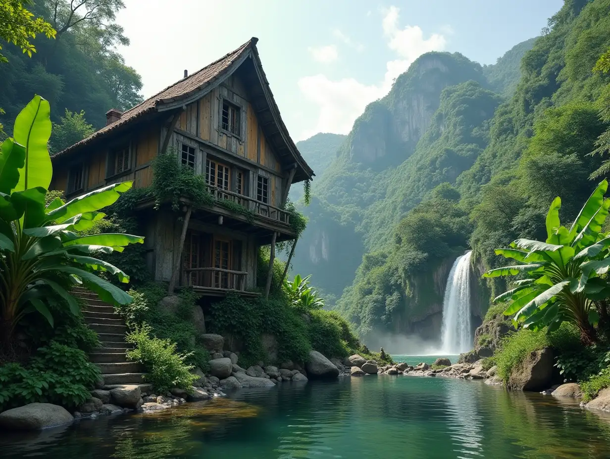 crooked Camouflage house on a mountain  And a pond with waterfall  near banana plants  4K resolution wide-angle shots