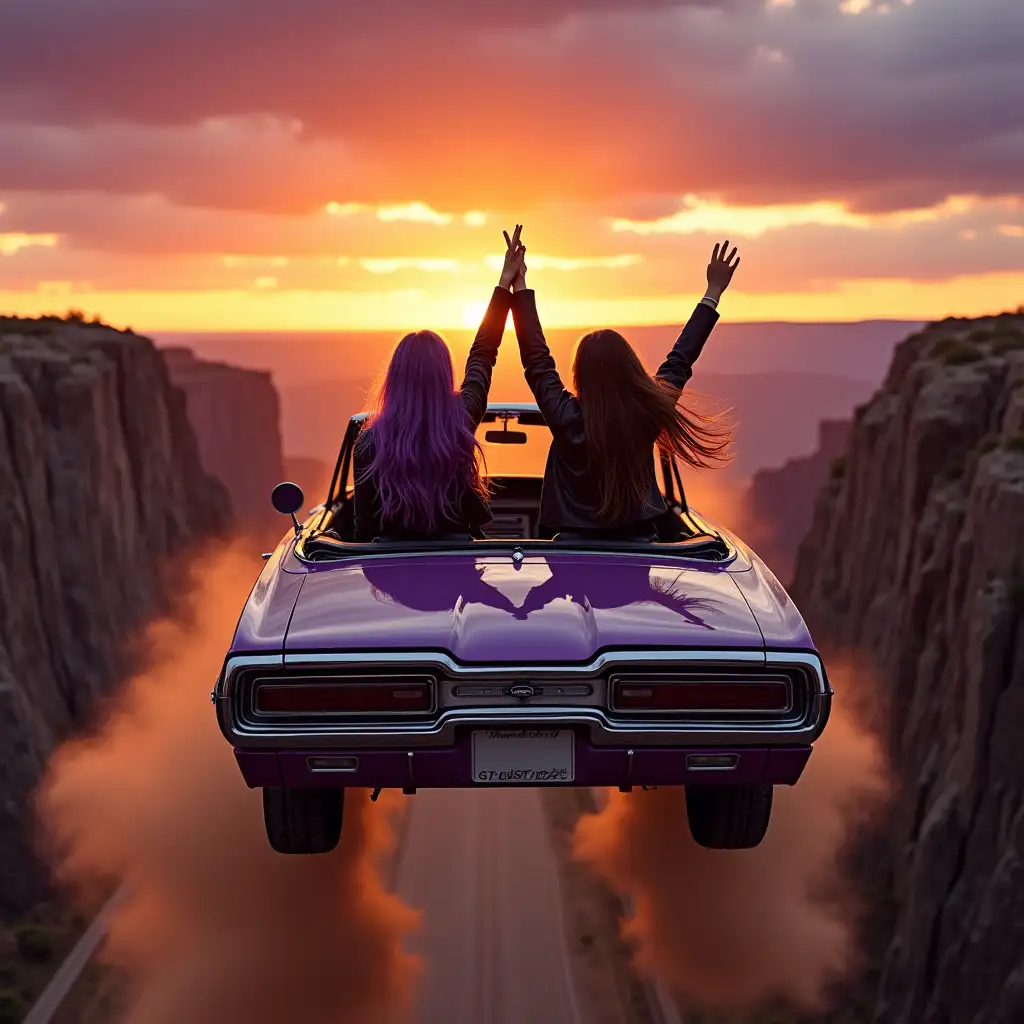 A purple 1966 Ford Thunderbird convertible soars off the edge of a rugged canyon cliff at sunset. View is from directly behind the car: the road disappears beneath them, and dust and gravel swirl dramatically in the air from the tires’ last contact with the rocky ground. Inside the convertible, two women are visible from behind: In the driver’s seat, a girl with long, wavy purple hair — wears a black leather jacket. In the passenger seat, a girl — with long, flowing brown hair — also wears a black leather jacket, with a light scarf trailing in the wind. Their arms are raised high together, holding hands in a fearless, triumphant grip, silhouetted against the flaming sunset sky. The canyon yawns wide below, endless and wild, painted in deep shadows and gold-orange light. The sky is dramatic: intense sunset hues of burning orange, deep indigo, purple storm clouds, and traces of red. The mood is powerful, bittersweet, and beautiful — full of defiance, friendship, and freedom. Cinematic film grain texture, slight motion blur on the tires and dust to capture the speed and wildness of the moment. Highly detailed. Hyper-realistic. Emotional.