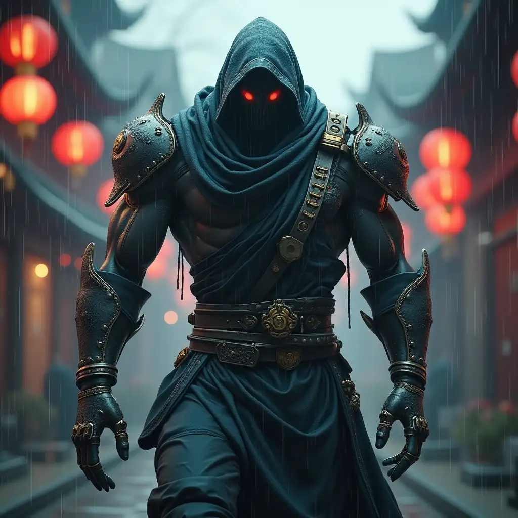 A dead ninja resurrected as a robot with a cinematic look, amazing and detailed body, large in size, similar to characters in the Shadow Fight game, with color, rain, and a background resembling an old Chinese or Japanese city, enhanced with legendary Japanese art details, 3D high quality Realistic Animation Style, Mysterious