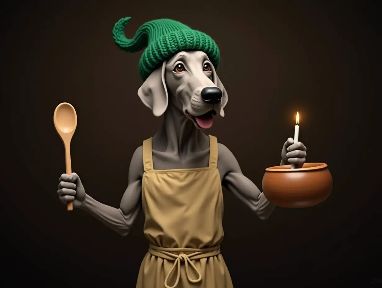 Older Weimaraner wearing an apron and a green wool hat, holding a wooden bowl and spoon also holding a candle in the other hand