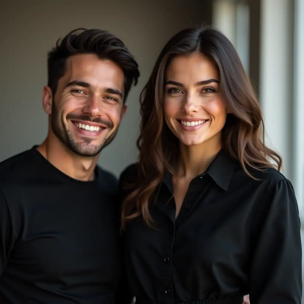 look to the camera, speaking, a sweet, young girl and man portrait influencer,  brunette hair, coworkers,  black clothes, casual outfits