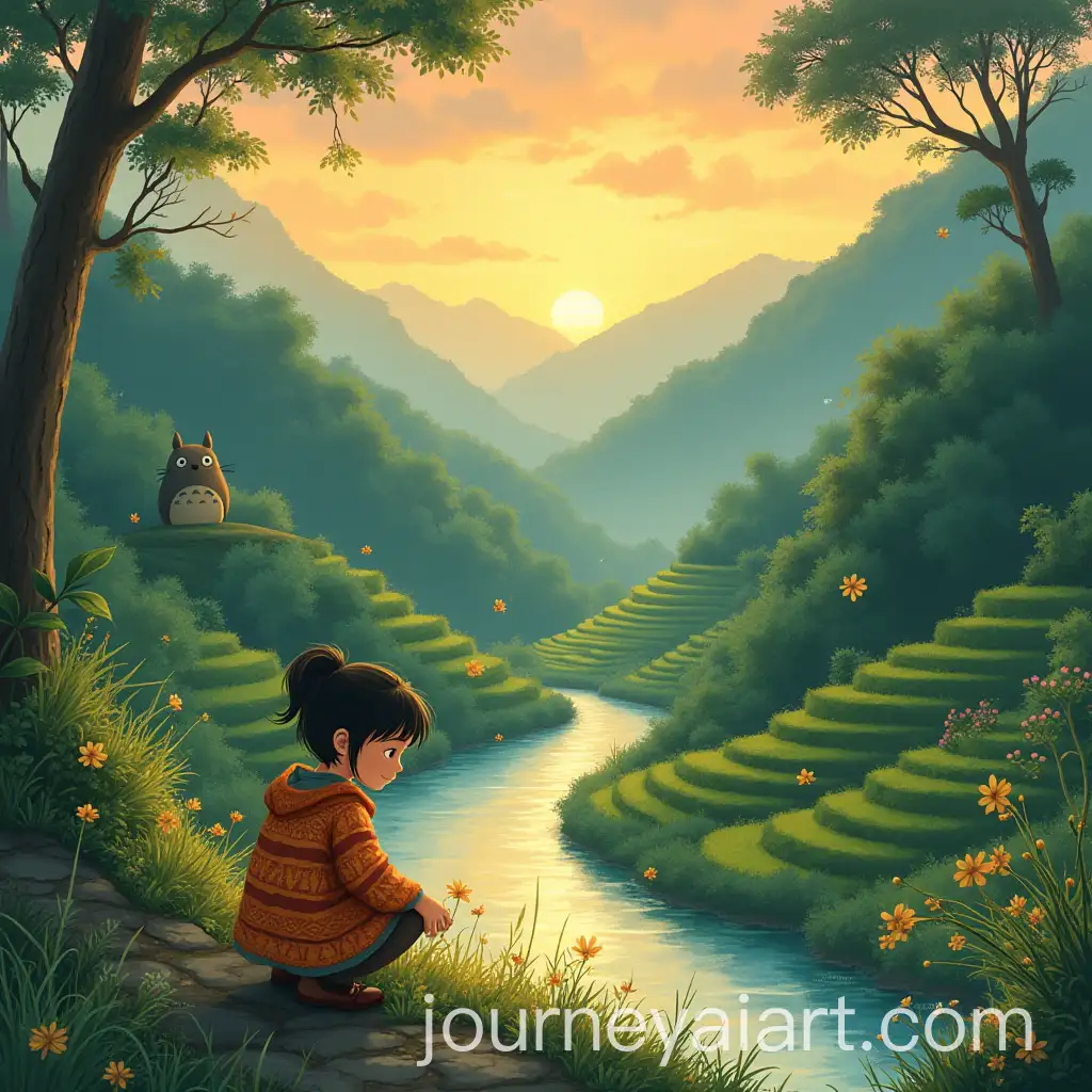 ColombianInspired-Valley-at-Sunrise-with-Forest-Spirit-and-Herb-Gathering-Girl