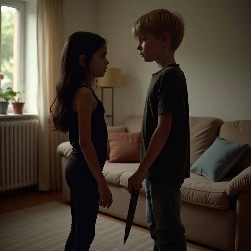 2people in a living room. 6 year old Spanish girl is wearing a black undershirt and black leggings. she has long black hair. she is scared. A 10 year old blonde German boy is standing in front of her with a knife in his hand.