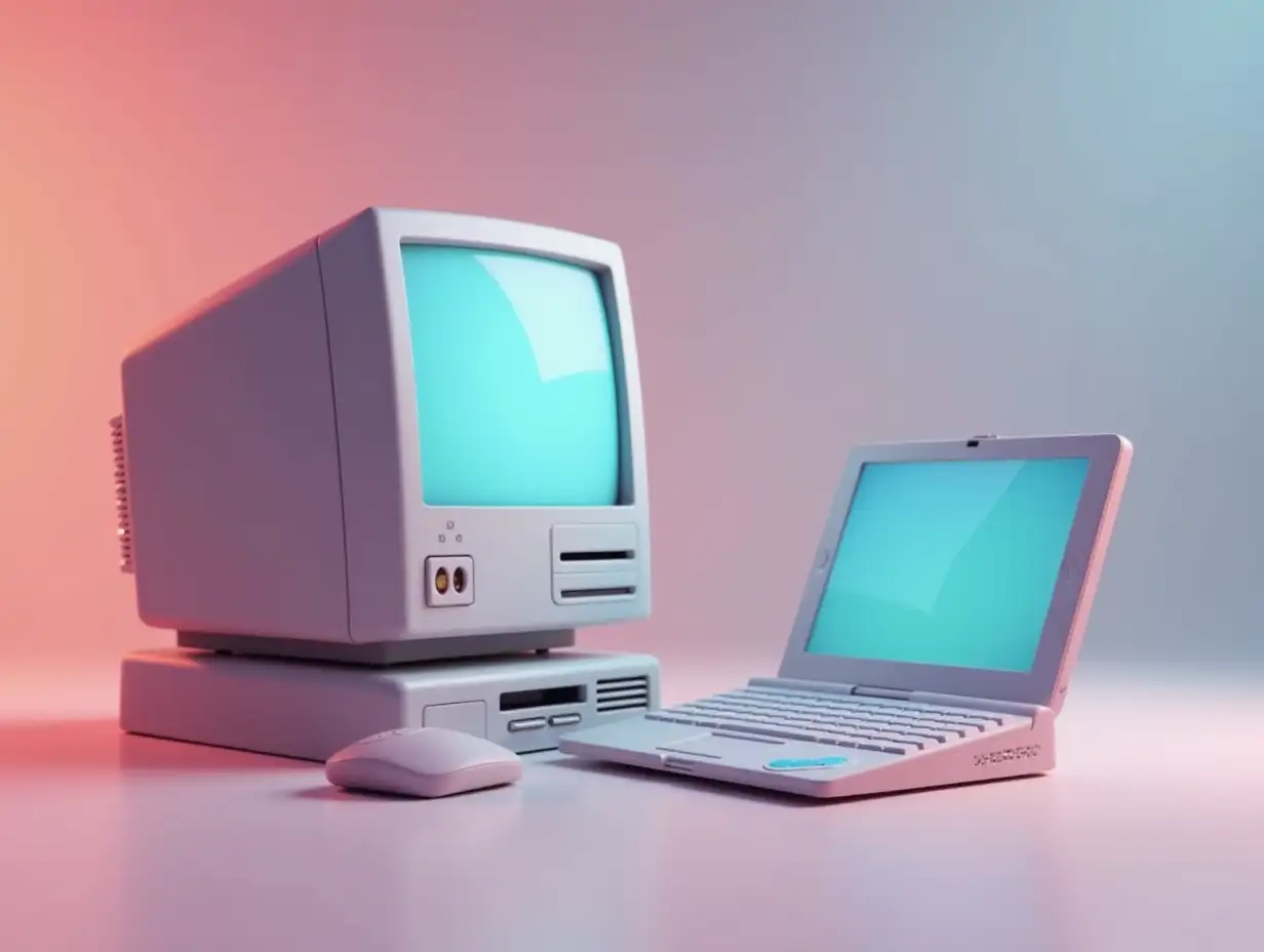 3D-Animated-Image-of-Old-Desktop-Computer-and-Modern-Laptop-in-Pixar-Style