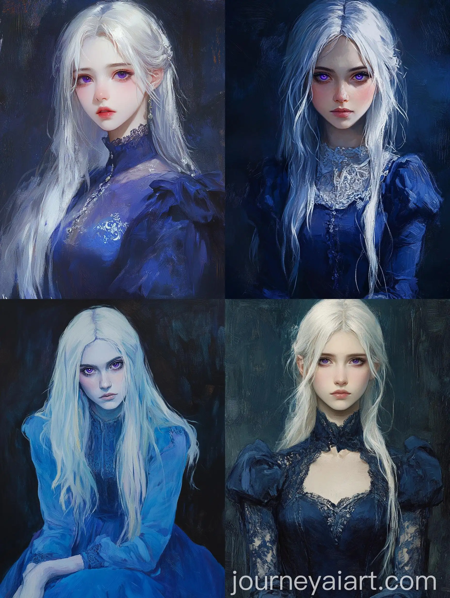 Portrait-of-a-Young-Woman-with-White-Hair-and-Purple-Eyes-in-Blue-Victorian-Dress