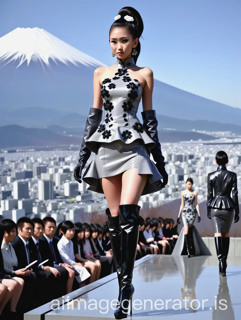 Japanese model, with a ponytail, earrings, wearing pearly grey PATENT leather peplum dress embroidered with black flowers, long gloves, in very-high-stiletto-heels black patent leather thigh-high-boots, on a catwalk above Fujiyama mount in Japan under sun