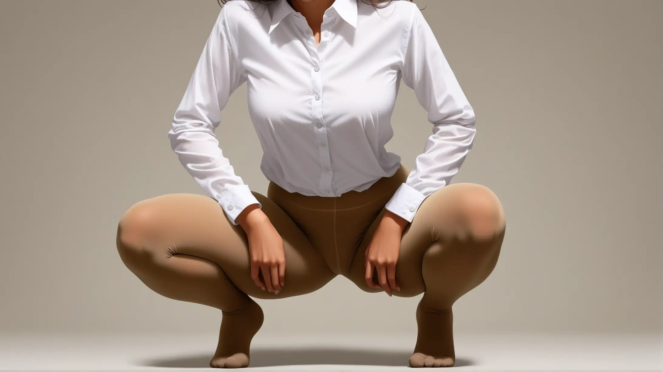 Women in White Button Down Shirts and Tan Pantyhose Squatting