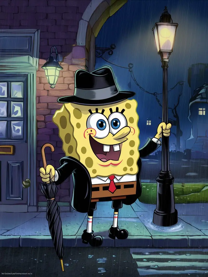 SpongeBob was in singin' in the rain film, wearing black fedora hat, eyes closed, ((wearing black coat with covered buttons, black necktie, white shirt, black pants, black shoes)), holding closed umbrella on the left hand, lamppost, holding lamppost pole on the right hand, rain, night, brick wall, lamp on brick wall, door, window, sidewalk, outdoors, road, street, parody, reference scene, full body, full-body shot. Digital art, 8k, best quality