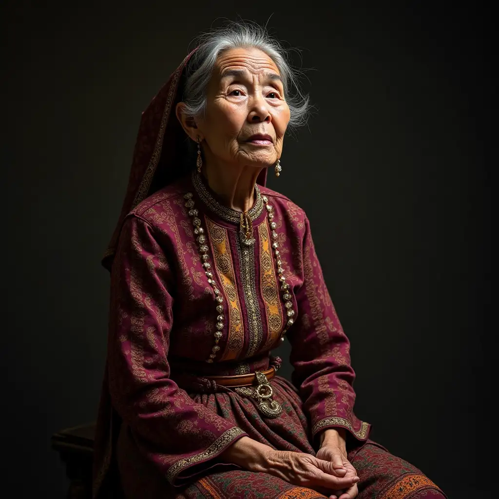 a grandmother wearing traditional Minang dress sitting and feeling desperate