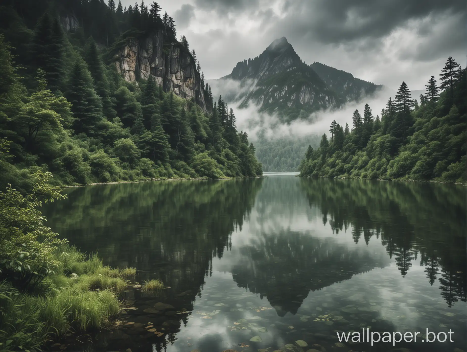 The wallpaper features rugged mountains draped in a thick blanket of mist, with their peaks just visible through the clouds. The slopes are densely covered in dark green trees, giving the landscape a deep, rich feel. In the foreground, a calm lake mirrors the moody, overcast sky, with soft rain falling and creating gentle ripples across the water. Sparse bushes line the lakeshore, blending seamlessly with the forested terrain, adding subtle texture without overpowering the scene. The overall atmosphere is one of serene wilderness, where the natural beauty of the mountains and trees takes center stage.